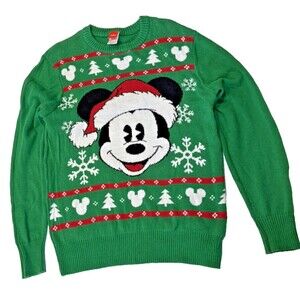 Disney Mickey Mouse Christmas Sweater Green Santa Hat Snowflakes Unisex Adult M
